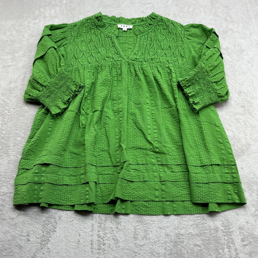 THML Smocked Cotton Gauze Top Women's L Green Babydoll Cottagecore Boho Peasant